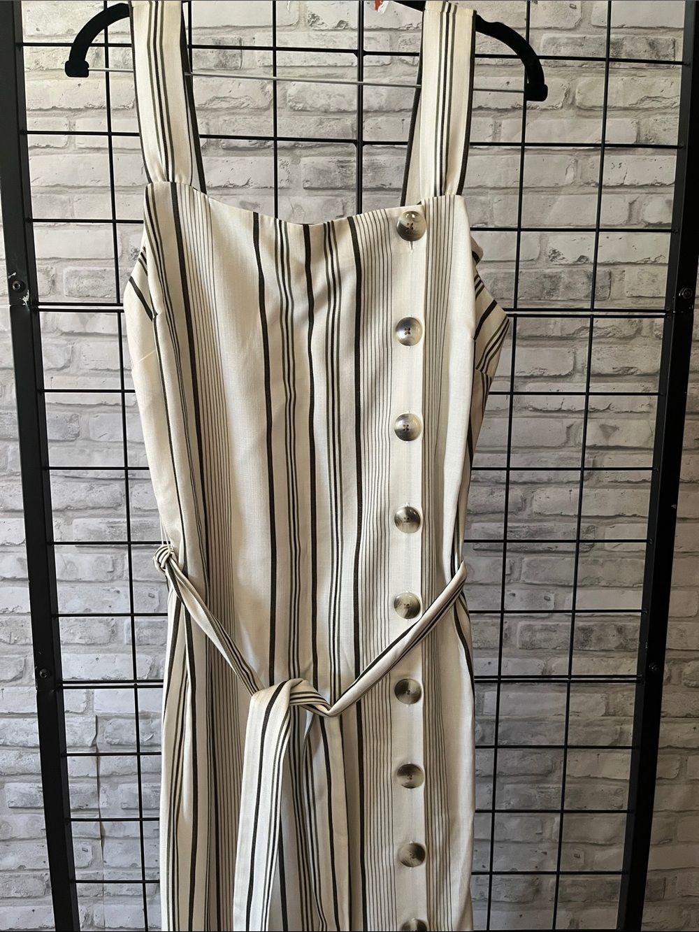 Ann Taylor Cream maxi sun Dress Front Buttons Tie Belt striped green shades